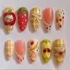 24Pcs Almond Press On Nails Ocean Blue French Tip With Flower Pearl Glitter Simple Wearable False Nail Art Manicure Set