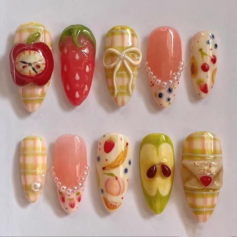 24Pcs Almond Press On Nails Ocean Blue French Tip With Flower Pearl Glitter Simple Wearable False Nail Art Manicure Set