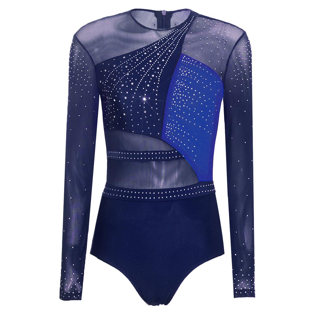 Women Shiny Rhinestones Patchwork Sheer Long Sleeve Color Block Gymnastics Leotard Bodysuit