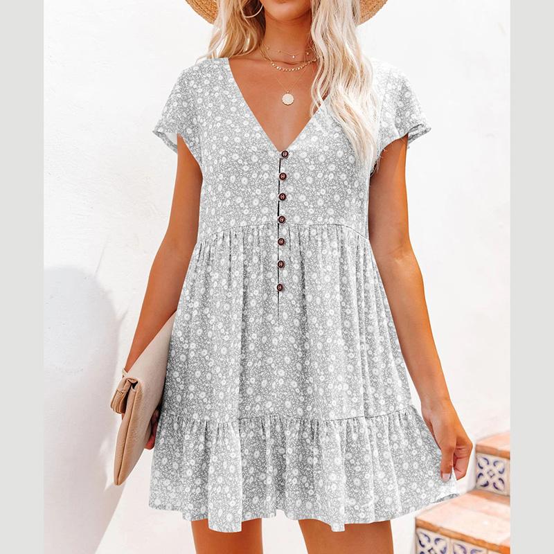 Женское летнее свободное праздничное цельное платье с коротким рукавом и V-образным вырезом с цветочным принтом