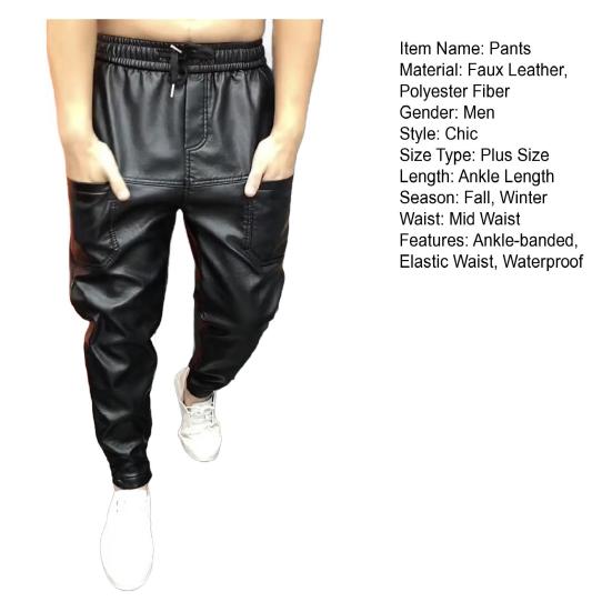 Men Faux Leather Pants with Pockets Stretchy Waist Solid Color Plus Size Waterproof Ankle-banded Motorcycle Style Spring Fall Club Trousers