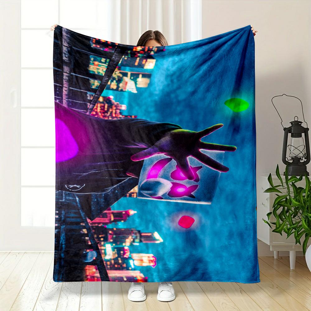 Colorful masked character in urban neon glow. Flannel blanket for bedroom, living room, sofa, and nap.