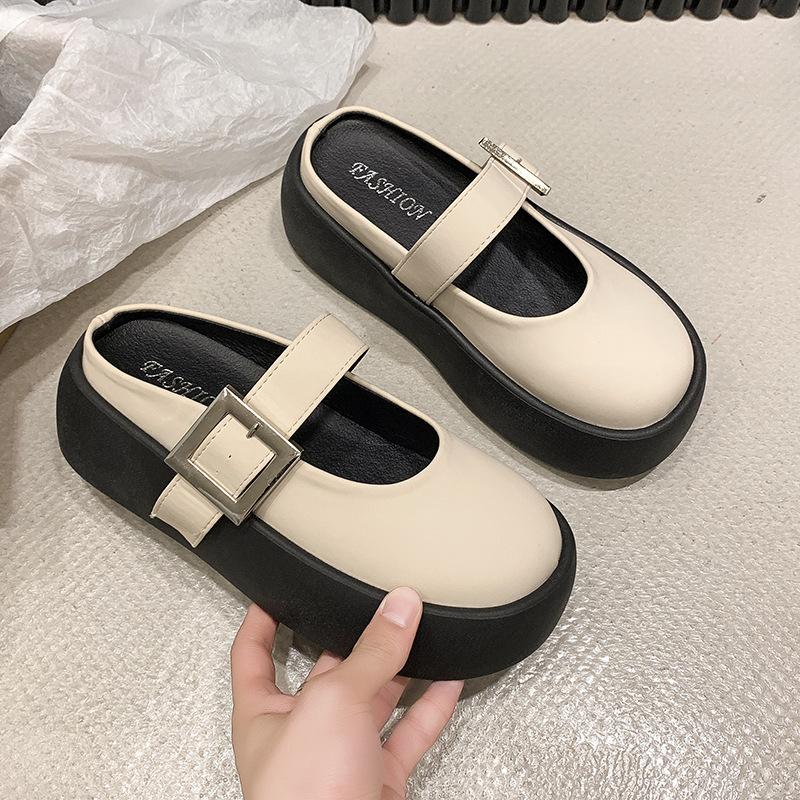 French Thick-soled Shallow Mouth Mary Jane Small Leather Shoes 2025 Summer New Fashion Versatile One-word Buckle Bag Head Half Slippers