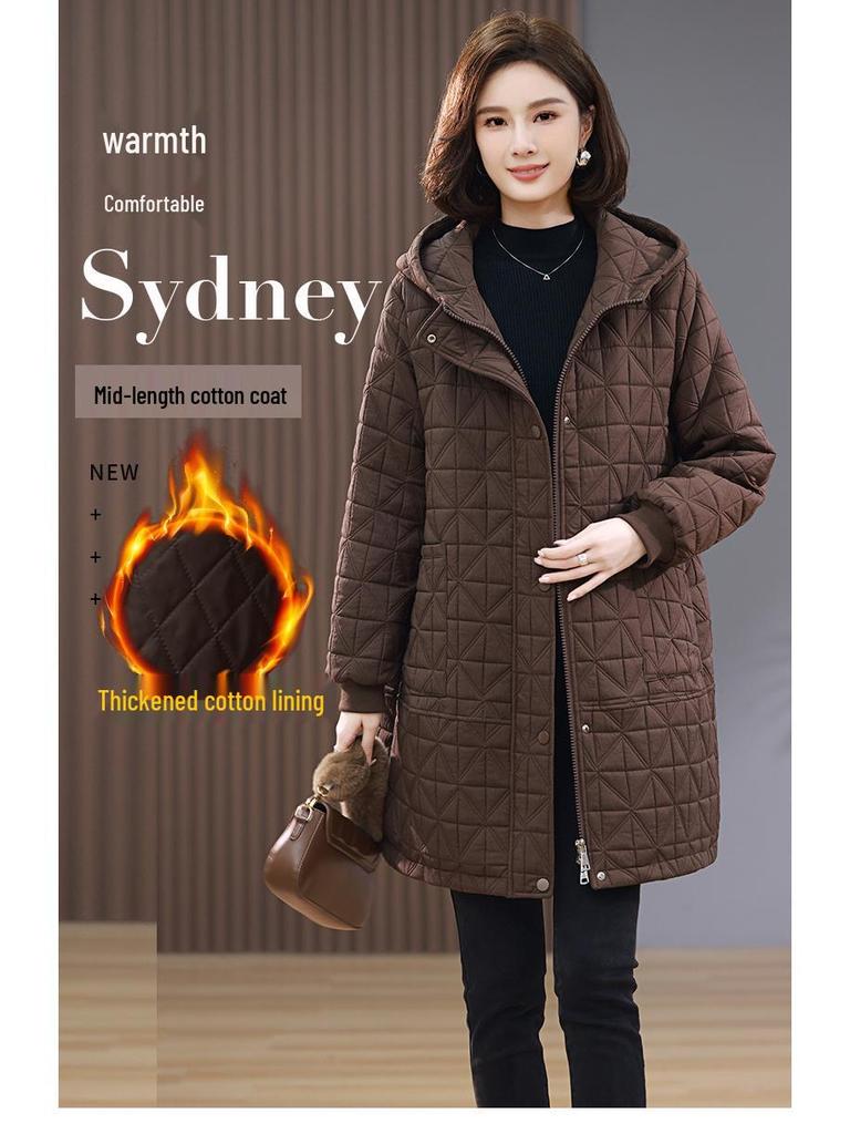 Women's Mid-Length Quilted Hooded Cotton Coat, 2024 Winter Plus Size Slimming Jacket for Middle-Aged Moms