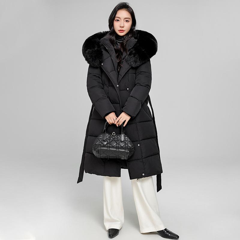Women's long cotton-padded clothes, winter new large fur collar cotton-padded jacket, slim-fitting hooded, dark coffee color fur collar thickened j