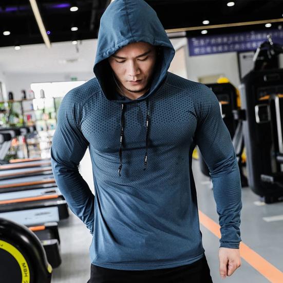 Men Sport Top Drawstring Hooded Long Sleeve Slim Fit Soft Breathable High Elasticity Quick Dry Hollow Mesh Jogging Training Summer Spring Sweatshirt