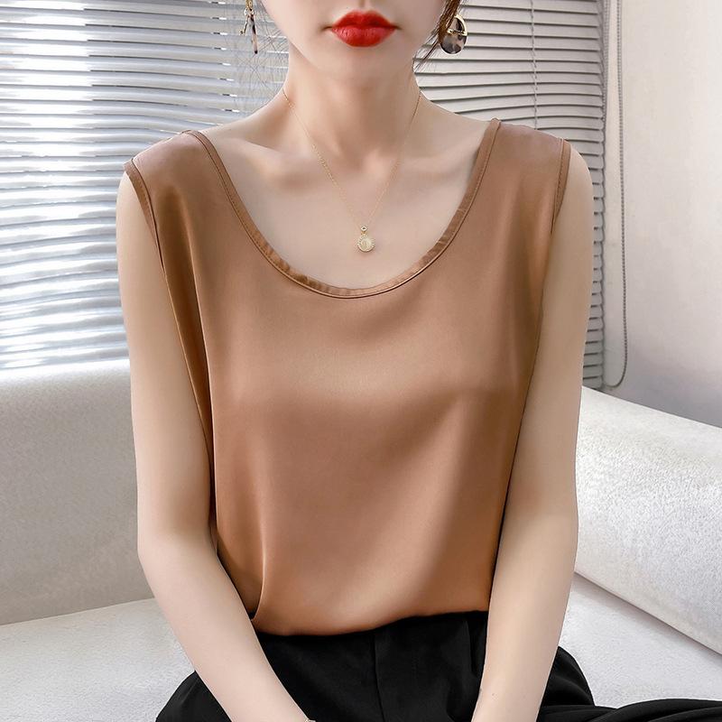 Satin Silk Vest Summer Women's Vest Pullover Short Top Sleeveless Vest Round Neck Solid Color Camisole