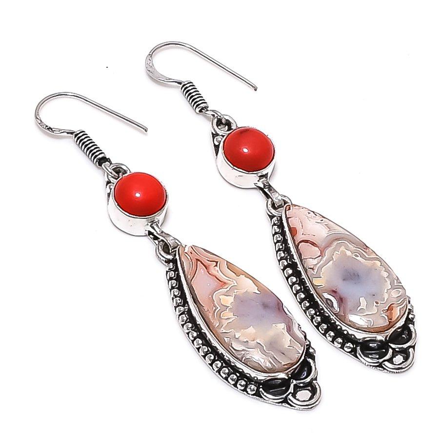 Natural Laguna Lace Agate, Coral 925 Sterling Silver Jewelry Earring 2.68" F6u08