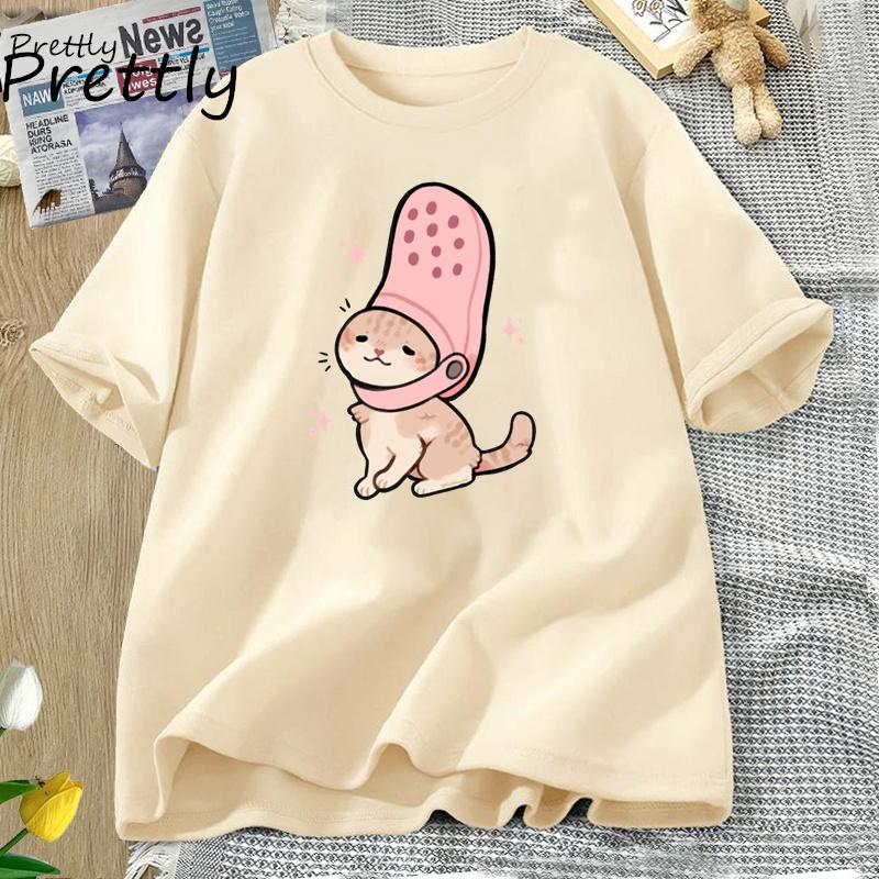 Jibbitz Cat Funny Graphic T Shirts Cute Cat Tshirt Unisex Casual Short Sleeve Round Neck Tee Unisex Cotton T Shirt Woman Clothing