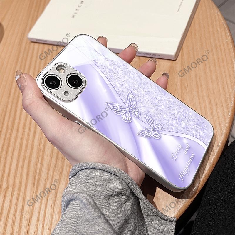 Light luxury flash diamond butterfly mobile phone case Apple 14promax metallic paint glass case iPhone17pm protective case