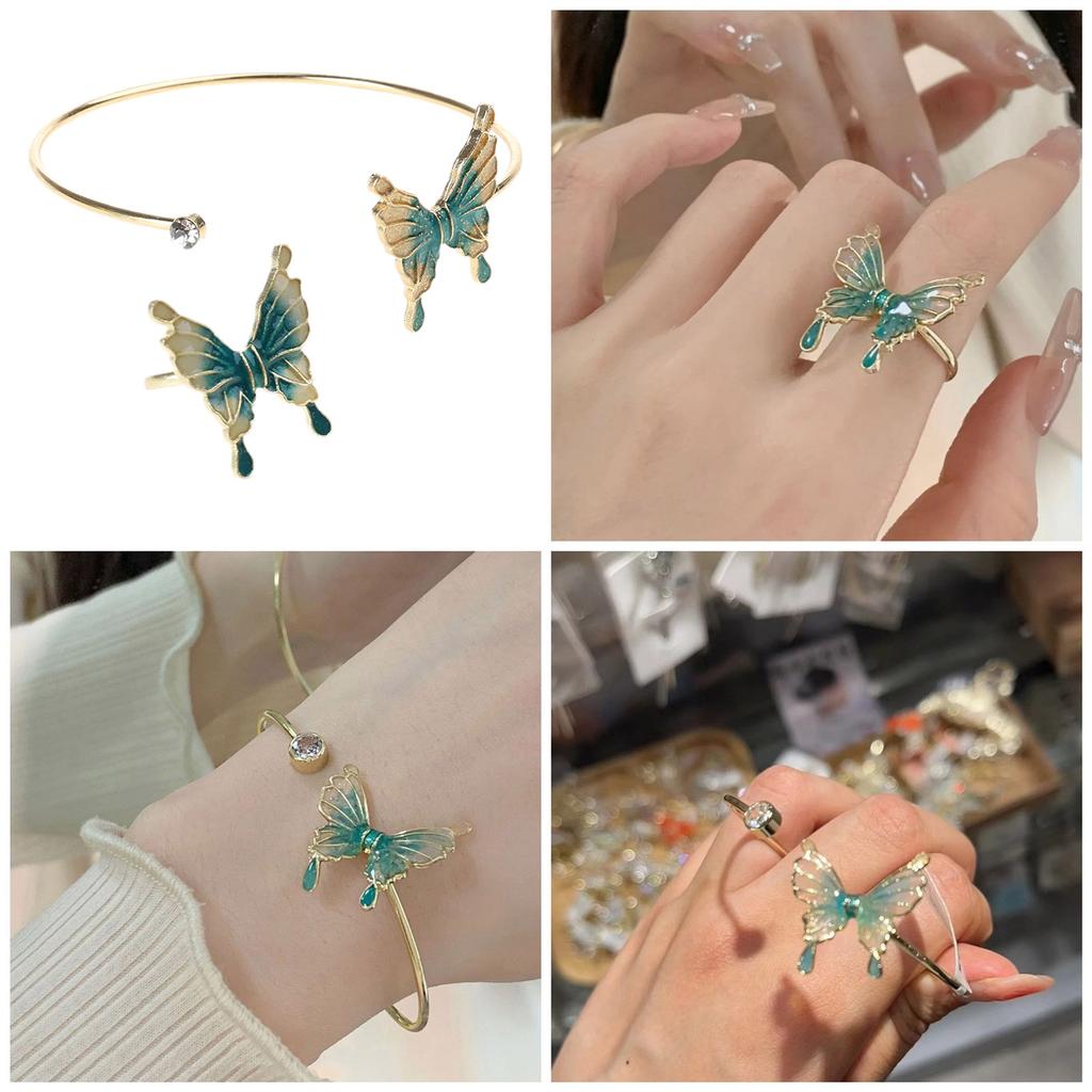 Fashionable Butterfly Open Cuff Bracelet and Rings Elegant Jewelry Accessory for Trendy Women Ladies Casual Wear