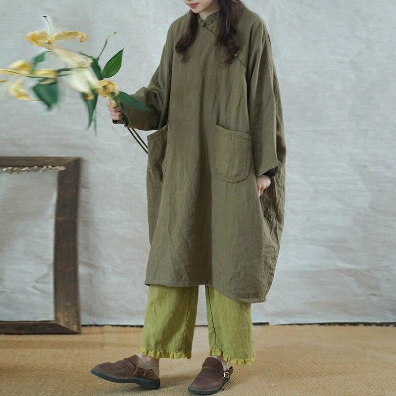 Johnature Женское винтажное льняное платье-стойка с длинным рукавом, теплый халат на пуговицах, однотонная зимняя одежда, свободное платье в китайском стиле