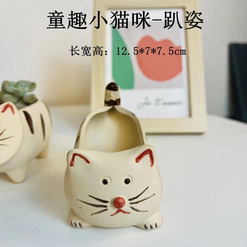 New 2pcs Set Creative Cartoon Cat Succulent Pot Flower Pot Ceramic Plant Pots Hanging Planter Desktop Ornaments Home Decore