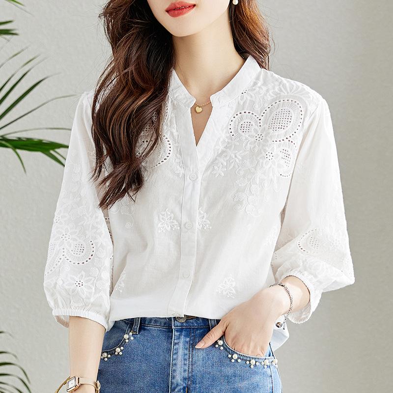 V-neck Embroidered Hollow Apricot Shirt for Women In Three-quarter Sleeve Summer New Commuter Temperament Pure Cotton Top