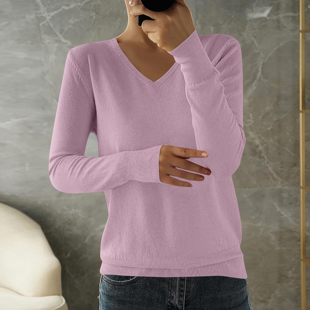 Women's Fashion Loose Knit Sweater Bottom Shirt V-Neck Pullover Long Sleeve Solid Color Top