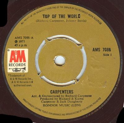 7-дюймовая пластинка CARPENTERS - Top Of The World AMS7086 A&M Records 1973 UK Поп Б/у