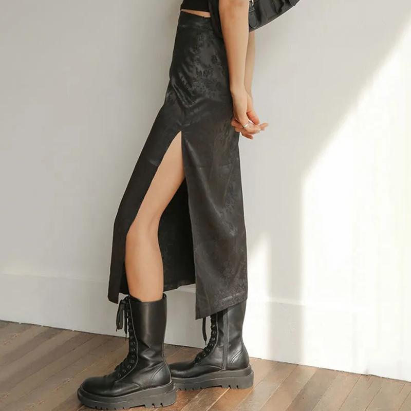 Женские черные длинные юбки, винтажная атласная юбка с цветочным принтом, женские юбки с высокой талией и разрезом по бокам, летние повседневные наряды