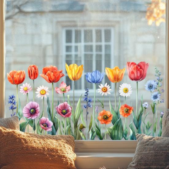 Colorful Floral Window Sticker Removable Flower Window Clings Waterproof Static Window Decal for Home Office Bedroom Bathroom Decor