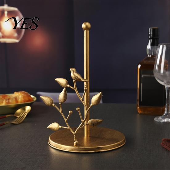 Waterproof Paper Towel Stand Holder Countertop, Bird Ginkgo Rose Roll with Stable Solid Wood Base Base, Vintage Metal Toilet for Kitchen, Living Room,