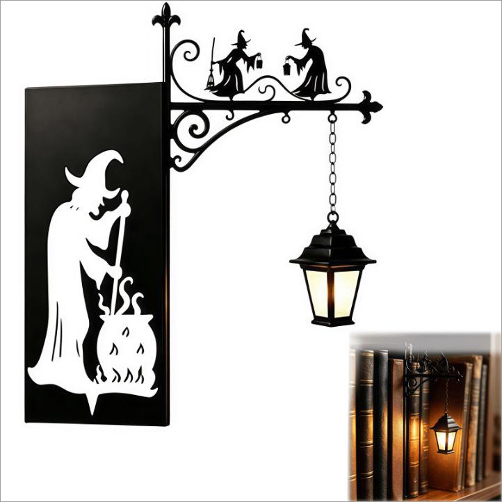 Halloween Gothic LED Wall‑Mounted Night Light, Retro Metal Bookshelf Reading Lamp, Spooky Home Room Wall Decor Ornament