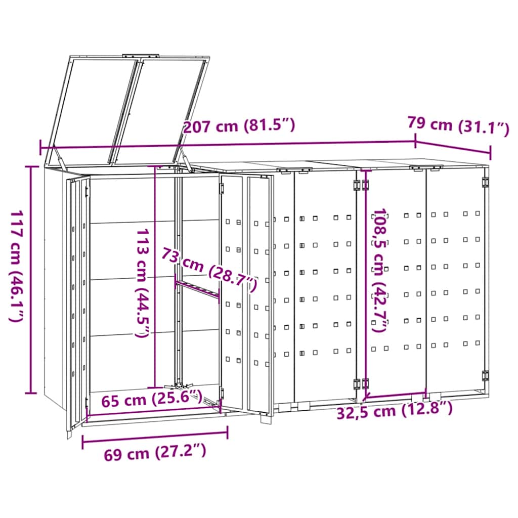 3 Bin Waste Bin Enclosure Gray 207 x 79 x 117 cm Steel