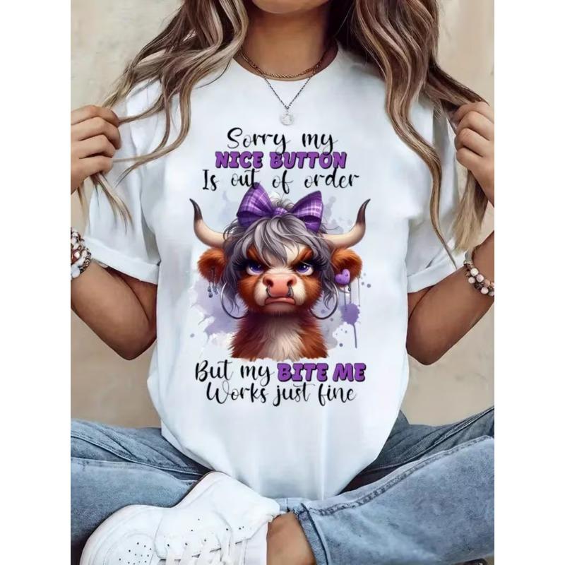 Women's Scottish Highland Cow Print T Shirt Casual T-Shirt Graphic Tees Tops with Sorry My Nice Button Is Out of Order Clothes