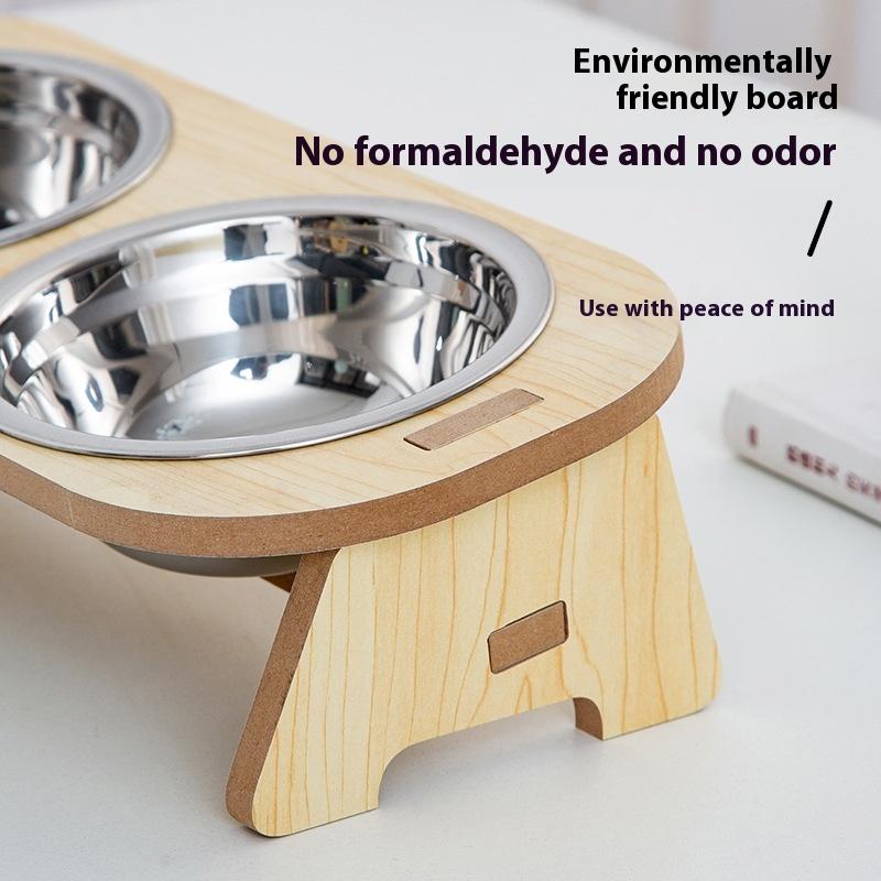 Миски для кормления кошек и собак, миски против опрокидывания, миски для домашних животных из нержавеющей стали с деревянными подставками, дизайн для защиты шеи, миска для воды 2 в 1