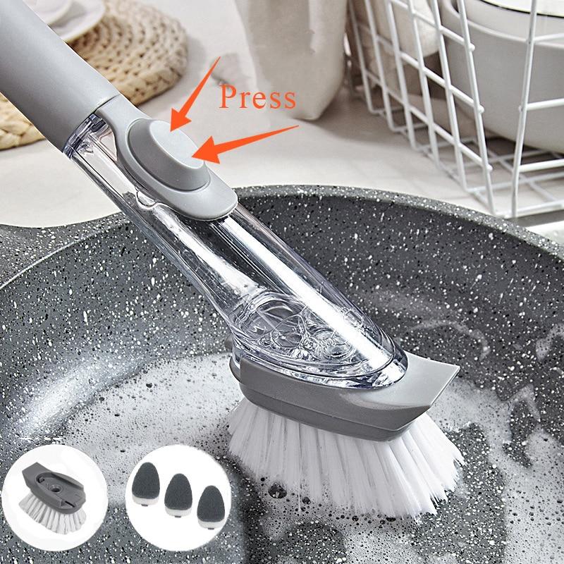Kitchen Cleaning Brush 2 In 1 Long Handle Cleaing Brush with Removable Brush Sponge Dispenser Dishwashing Brush