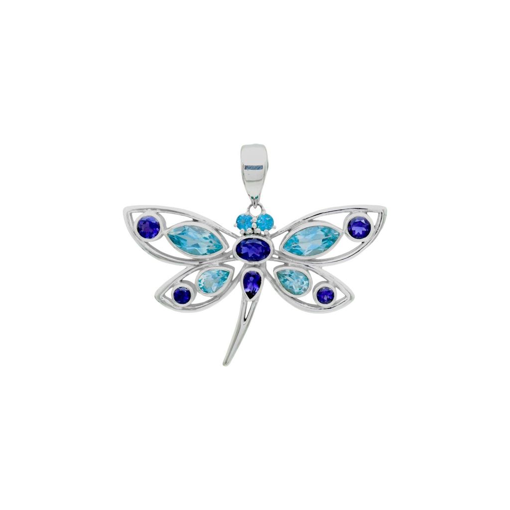 Iolite & Blue Topaz Dragonfly Pendant: 925 Sterling Silver Insect Jewelry