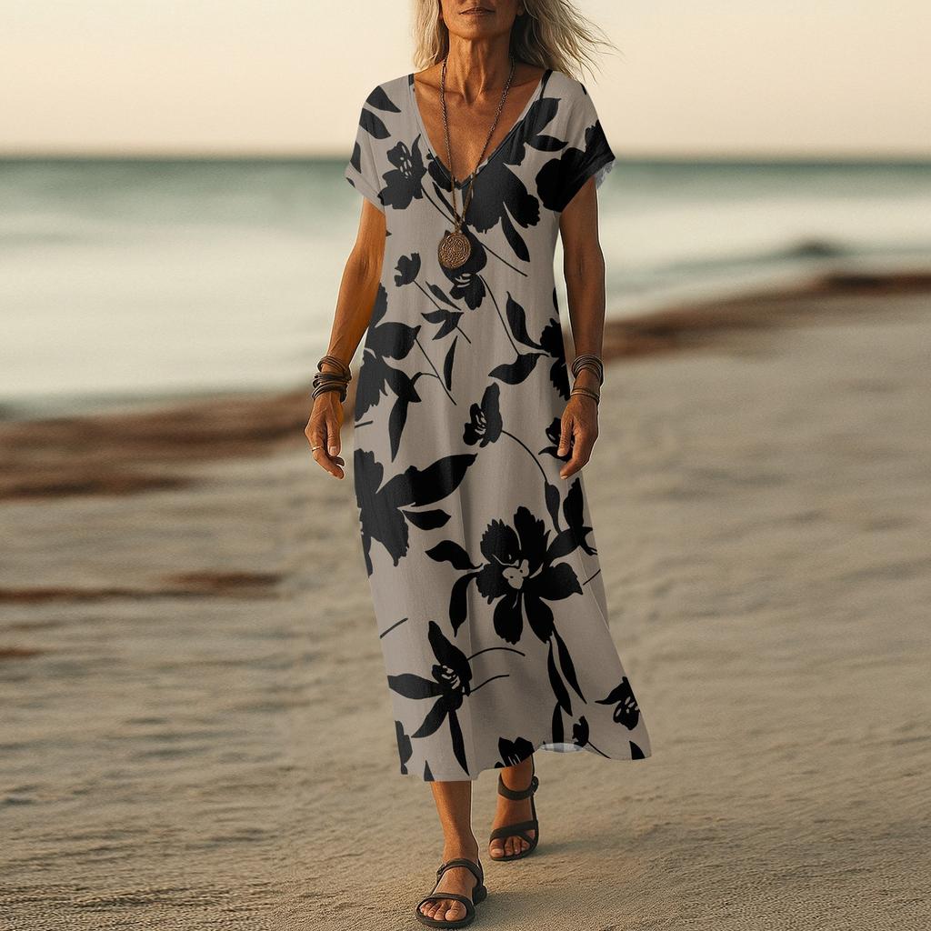 Летнее платье Женское длинное платье бохо для пляжа Элегантное платье макси V-образный вырез Короткий рукав Летнее платье-туника Легкое воздушное