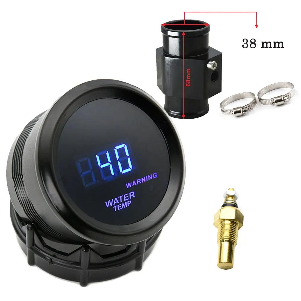 52mm Water Temperature Gauge Blue LED Light with 16mm-40mm Joint Pipe Adapter Black/Blue with Water Temp 1/8NPT Sensor