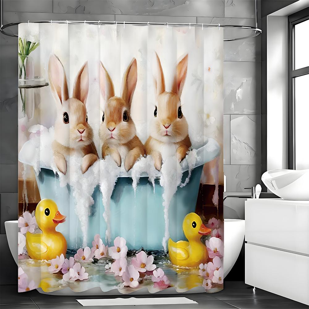 Милая занавеска для душа с пасхальным кроликом, декоративная занавеска для ванной с желтым утенком и цветочным принтом, водонепроницаемая занавеска для душа с крючками