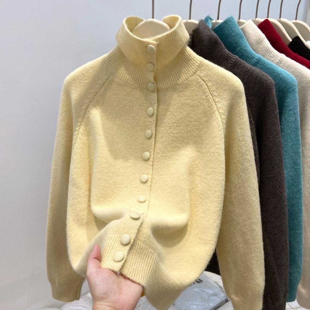 Angola Red Retro Knitted Sweater Women's Thickened Turtleneck Single-breasted Top Jacket Autumn and Winter Temperament Age-reducing Cardigan