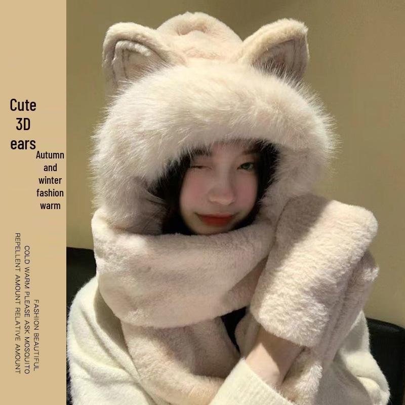 Women's Cozy Fox Ear Plush Hat with Integrated Scarf - Warm, Soft Lei Feng Design for Autumn and Winter. Perfect Ear Protection for Students.