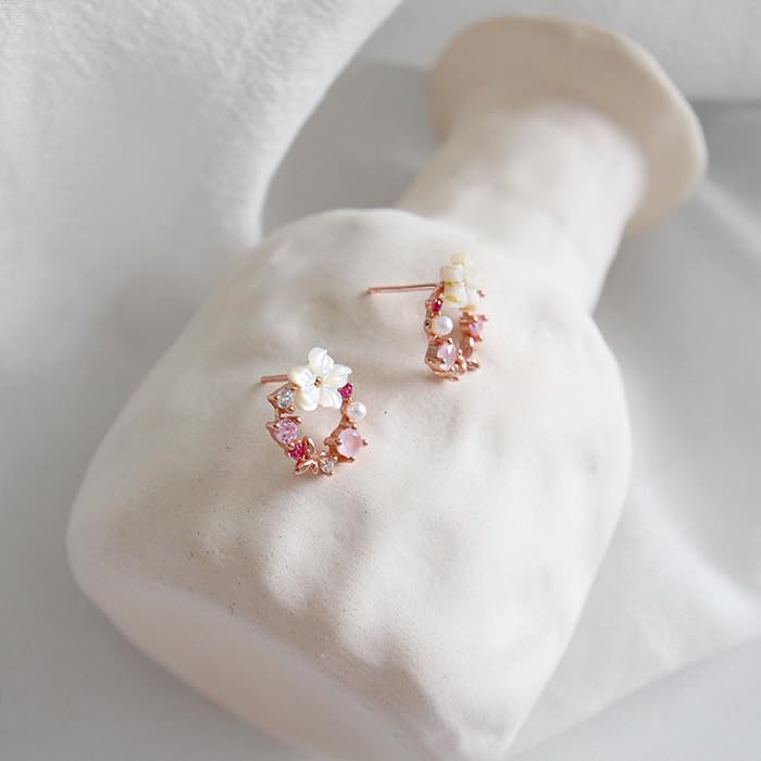 Гипоаллергенный к 925 розовому золоту Girlfriend [Glam Jewelry] Серьги, Сакура, Сакура, Дамы, Металлы, Серебро, Жемчуг, Кристалл, Покрытие, Подарок, Женщины,