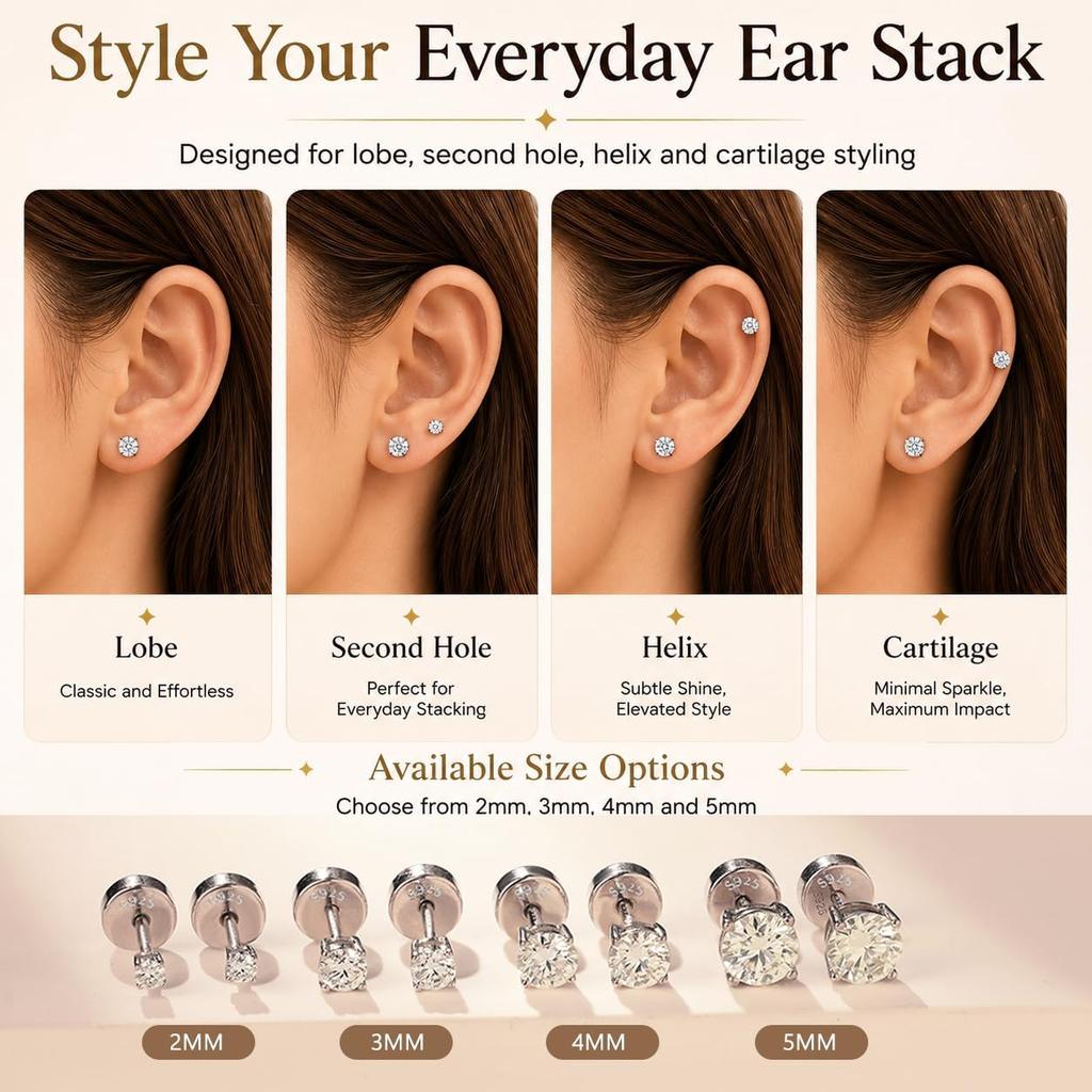 Impalsory Moissanite Flat Back Stud Earrings for Women, Screw Back Cartilage and Lobe Earrings, 925 Sterling Silver Hypoallergenic D Color VVS1
