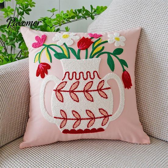 Embroidered Cushion Cases for Sofa Farmhouse Floral Cover, 3D Flower Embroidery Throw Pillow Decorative Square Bedroom Case Living Room Couch Bedroom,