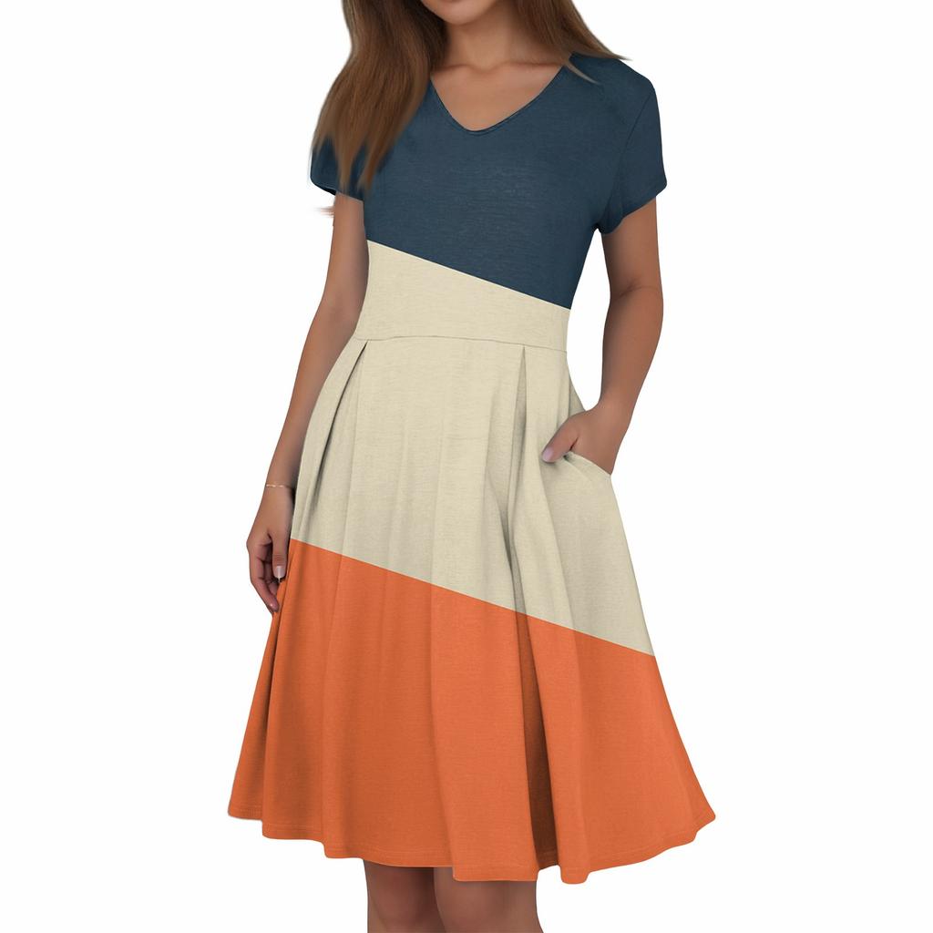 Женское летнее повседневное платье с принтом, V-образным вырезом, короткими рукавами и карманами