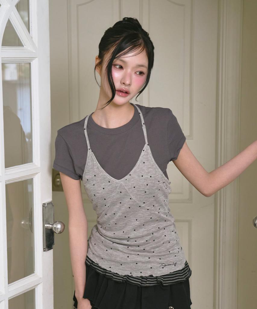 THE GREEN LAB Dot Halter Top Layered Short Sleeve Set [Light Gray]