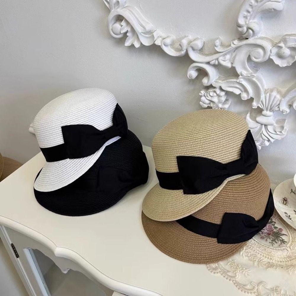 French Woven Straw Cap Elegant Equestrian Hat Ins Bow Straw Cap  Ladies/Girls