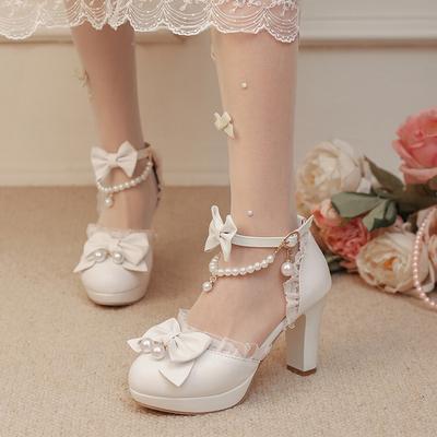 Новые европейские и американские туфли с пряжкой, с полым носком, сандалии на толстом высоком каблуке, с милым бантом и оборкой по краю
