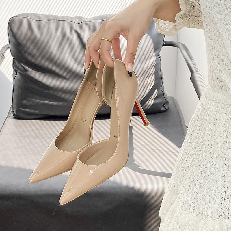 2026 new red bottom pointed side empty sexy nude high heels women's beautiful thin heel temperament black patent leather shoes