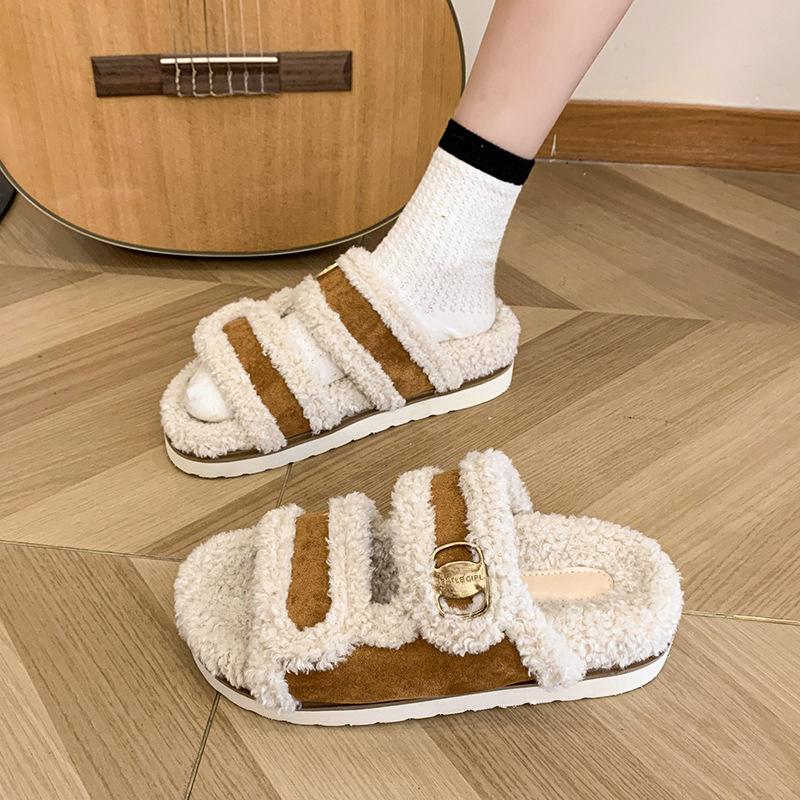 Plush Slippers for Women Winter Fur Slippers Outdoor Fluffy Slides Mules Flip Flops Fashion Warm Comfort Casual Flat Slipper