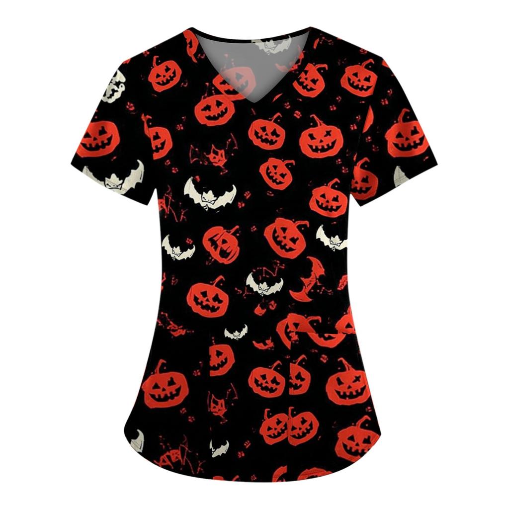 Плюс размерСкраб с принтом Рабочая форма Топы для женщин Крест V-образным вырезом Хэллоуин Принт с короткими рукавами Забавные футболки Спецодежда Футболка с карманами