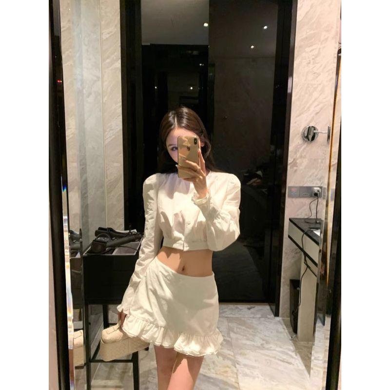 Kumikumi Fashion White Suit Short Long Sleeves Shirt Women's Autumn Slimming Easiest for Match Skirt Two-piece Set