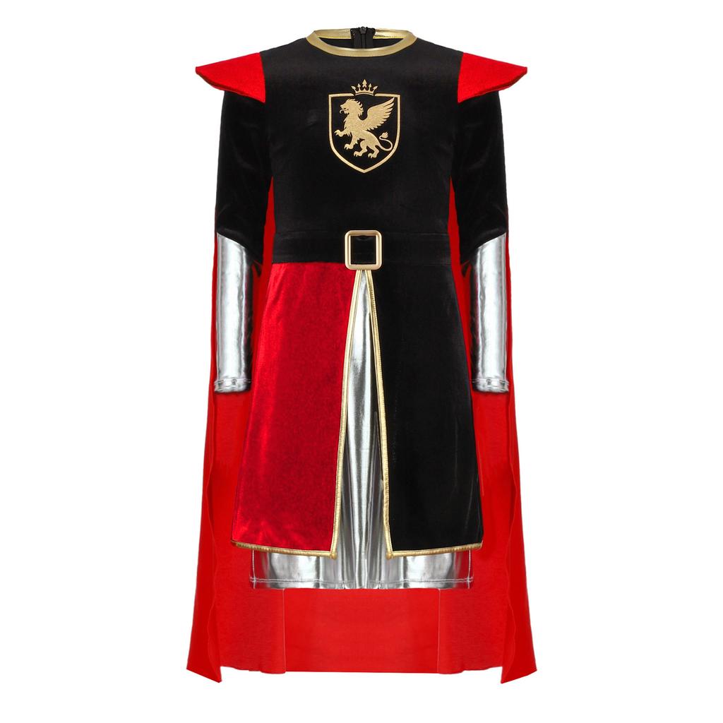Boys Knight Costume Metallic Gloss Patchwork Top Back Invisible Zipper Long Sleeve Detachable Cape Cosplay Outfit