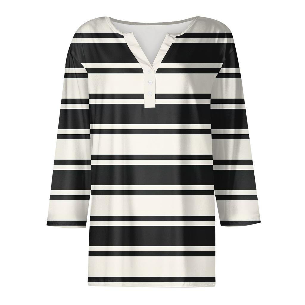 Women's Fashion Casual Striped Print V-Neck Decorative Button Three-quarter Sleeve T-Shirt Top