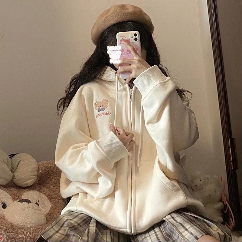 Japanese Harajuku Sweet Kawaii Bear Zip-up Hoodies Women Soft Girls School Student Hooded Sweatshirt Autumn Kpop