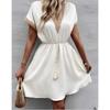 Summer Women's Dress Solid Short Sleeve Lace V-Neck Waist Dresses