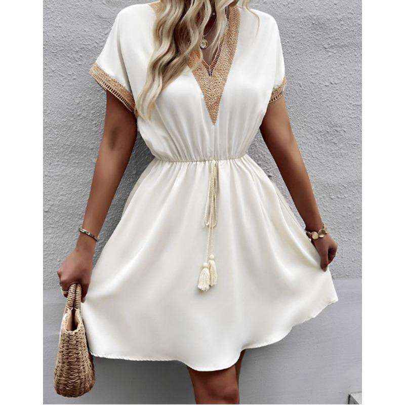 Summer Women's Dress Solid Short Sleeve Lace V-Neck Waist Dresses
